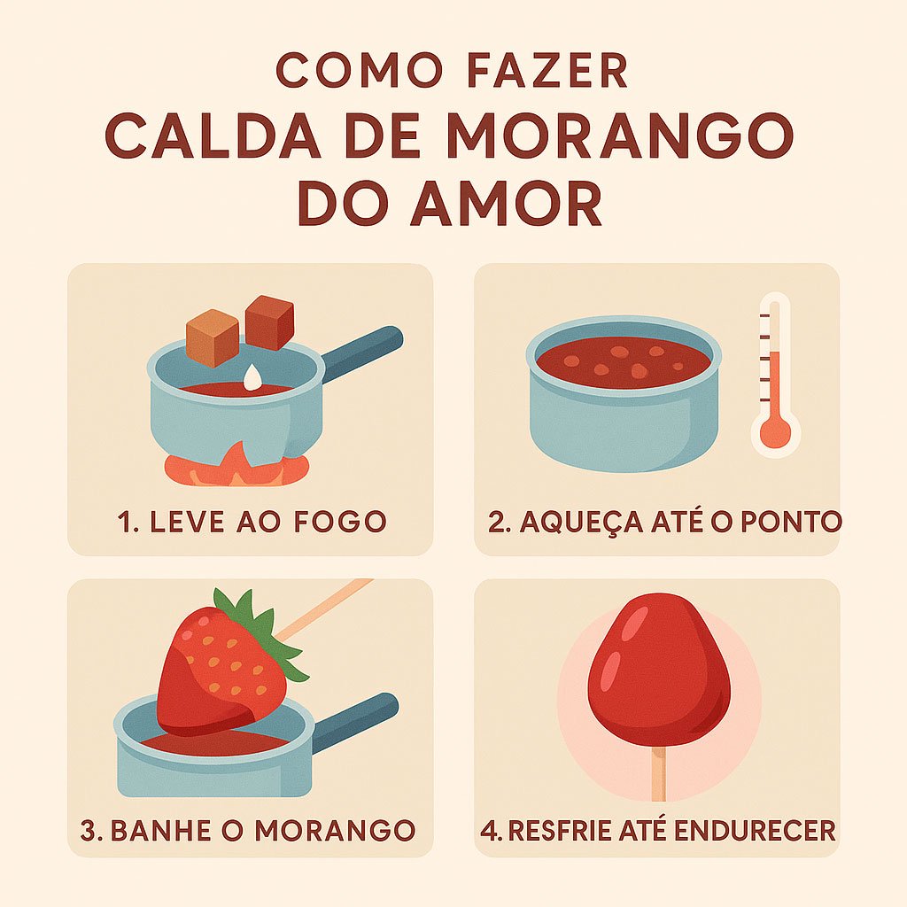 Infográfico com o passo a passo da calda perfeita para morango do amor