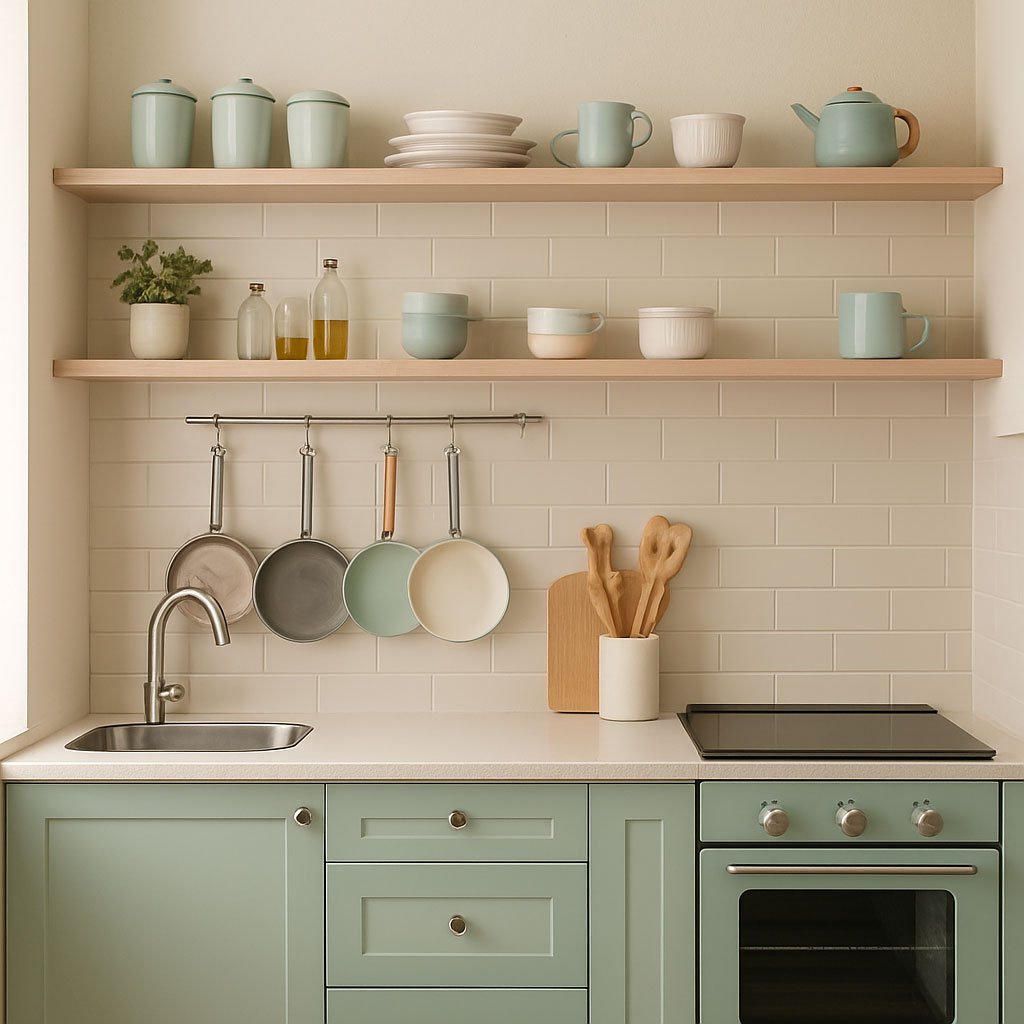 Cozinha pequena organizada e elegante com prateleiras e utensílios à mostra