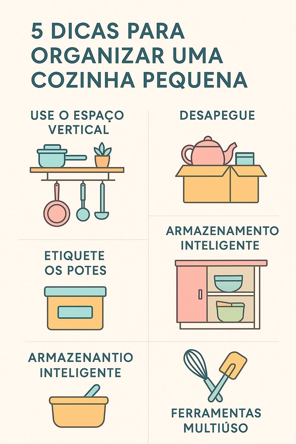 Infográfico com 5 dicas rápidas para organizar cozinha pequena