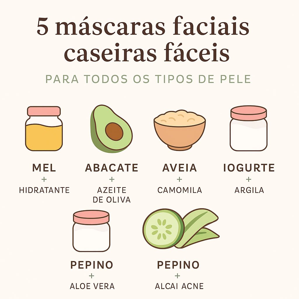 Infográfico com 5 receitas de máscaras faciais caseiras e naturais