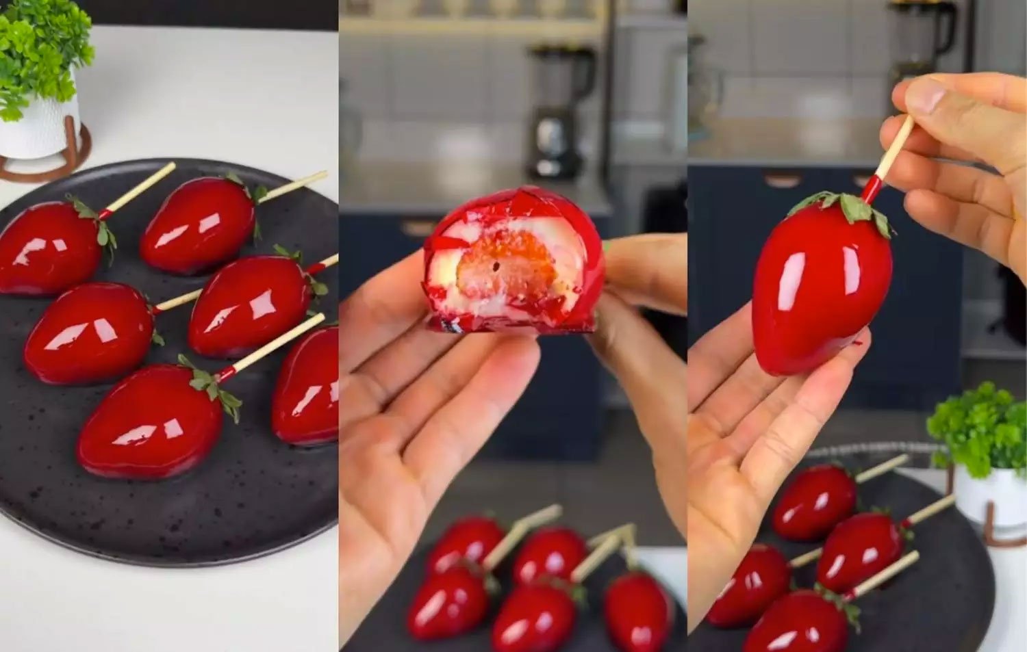 Morangos do amor cobertos com calda vermelha brilhante em palitos