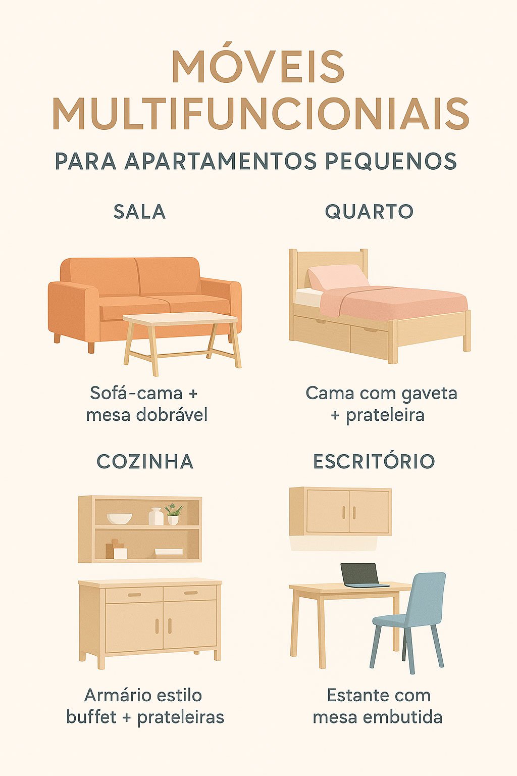 Infográfico com ideias de móveis multifuncionais por cômodo