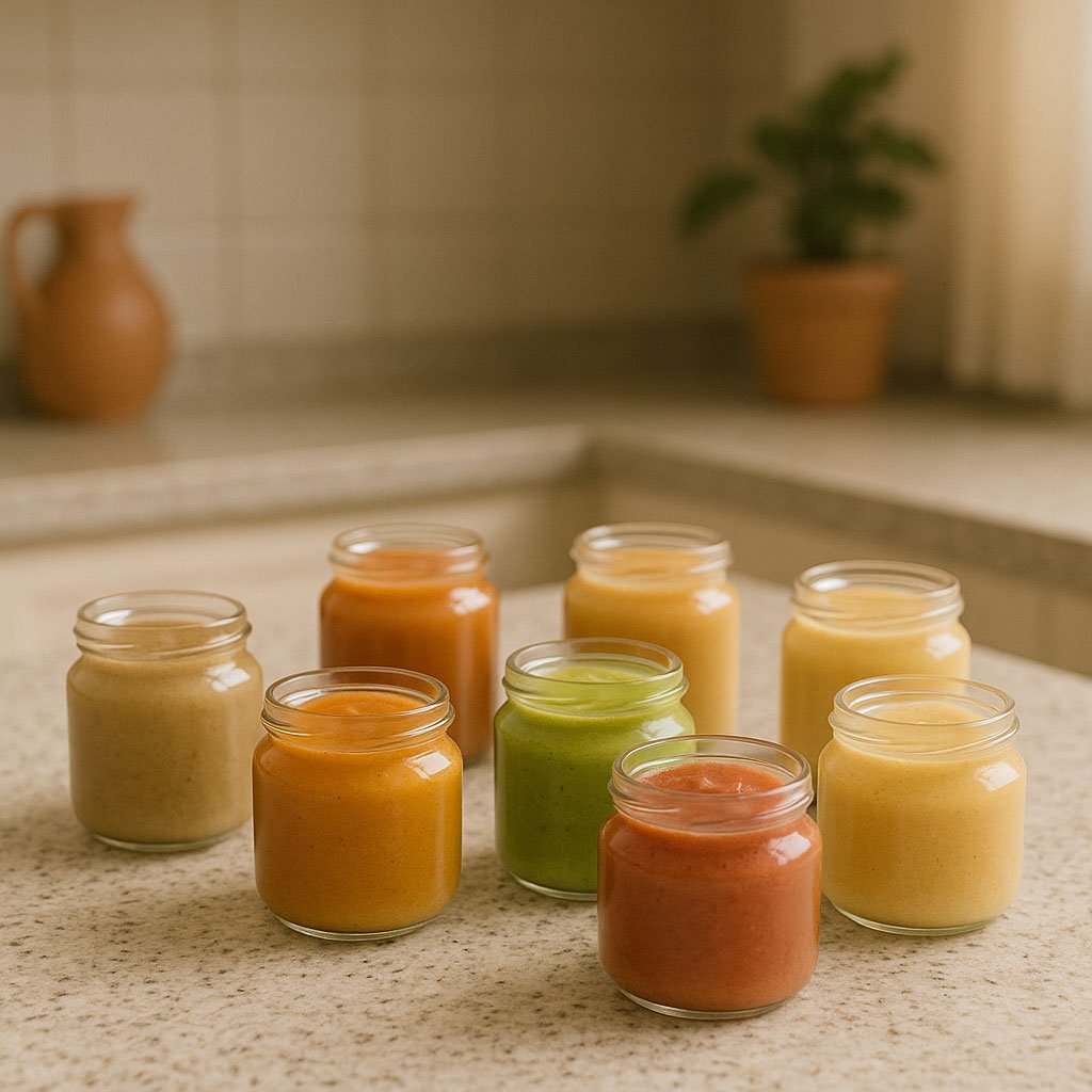 Montagem de potinhos com papinhas caseiras organizados na cozinha