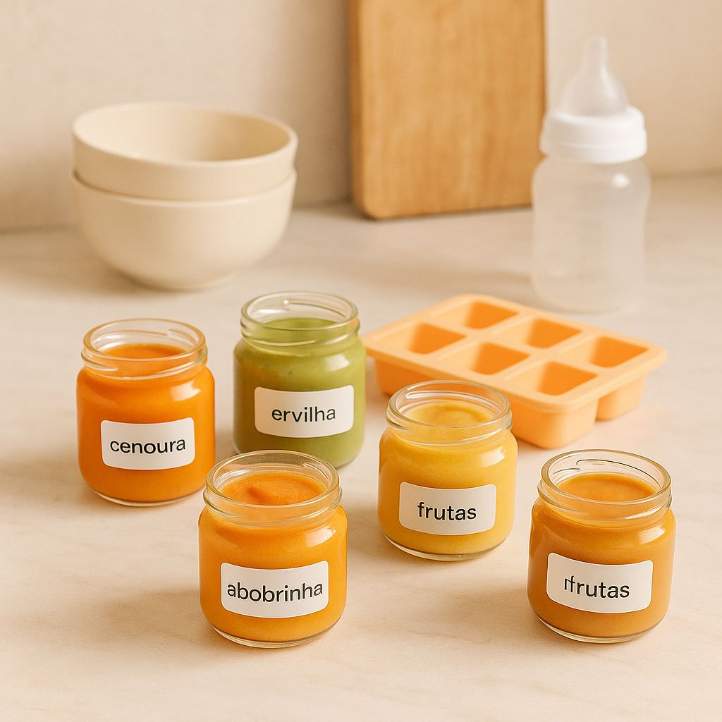 Montagem de potinhos com legumes e frutas prontos pra congelar