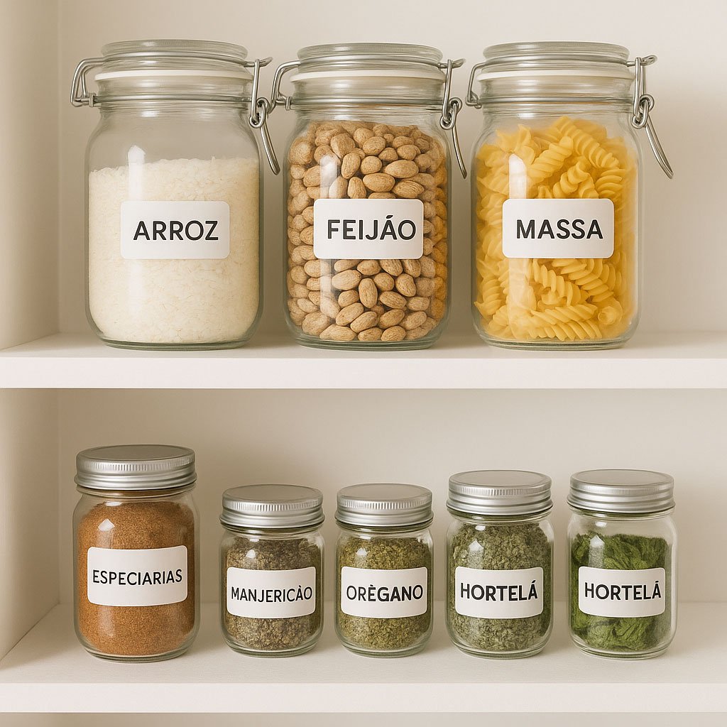 Montagem de potinhos organizados em prateleira na cozinha