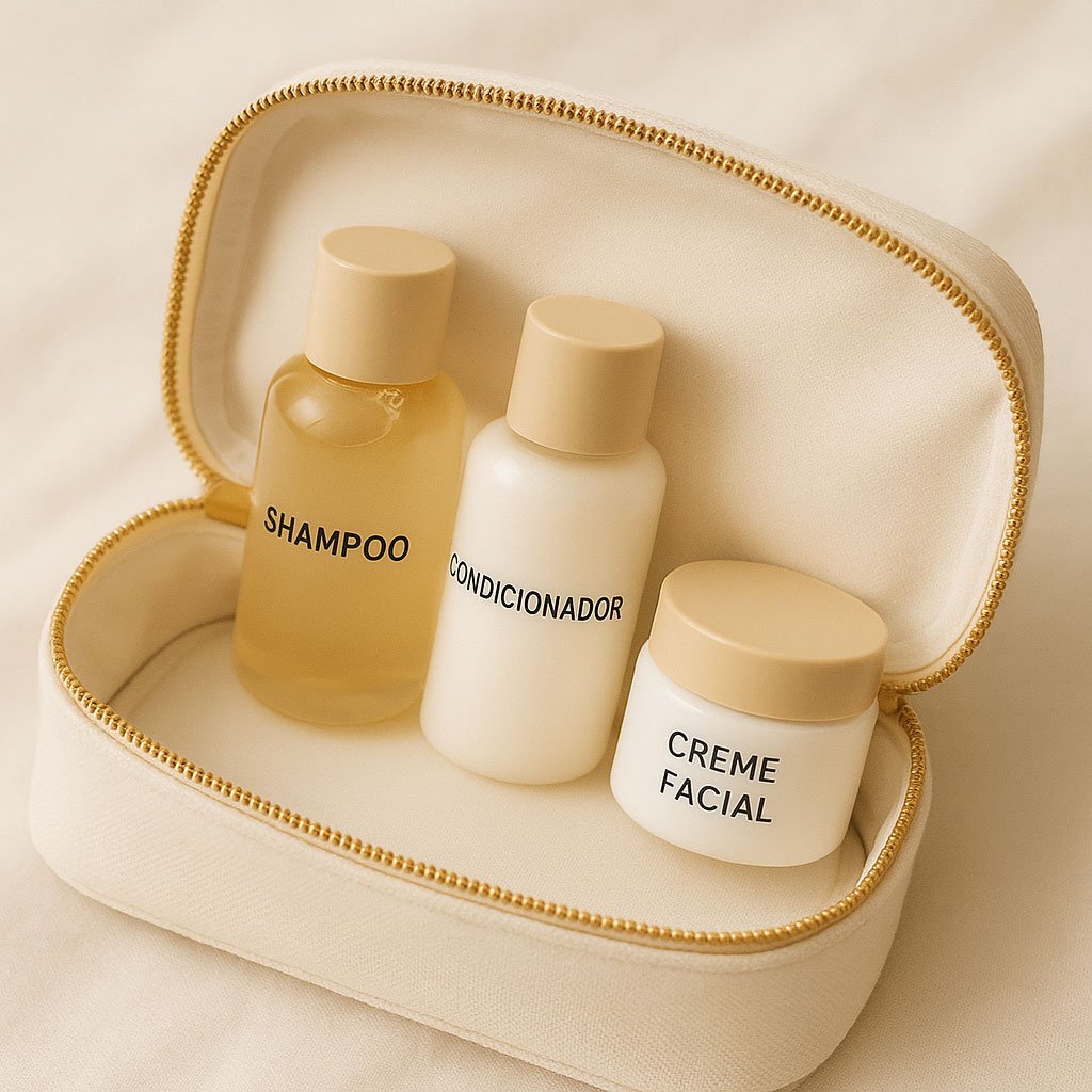 Montagem de potinhos de viagem organizados em nécessaire