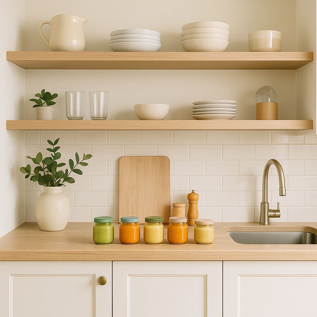 Montagem de cozinha americana com prateleiras e tons claros