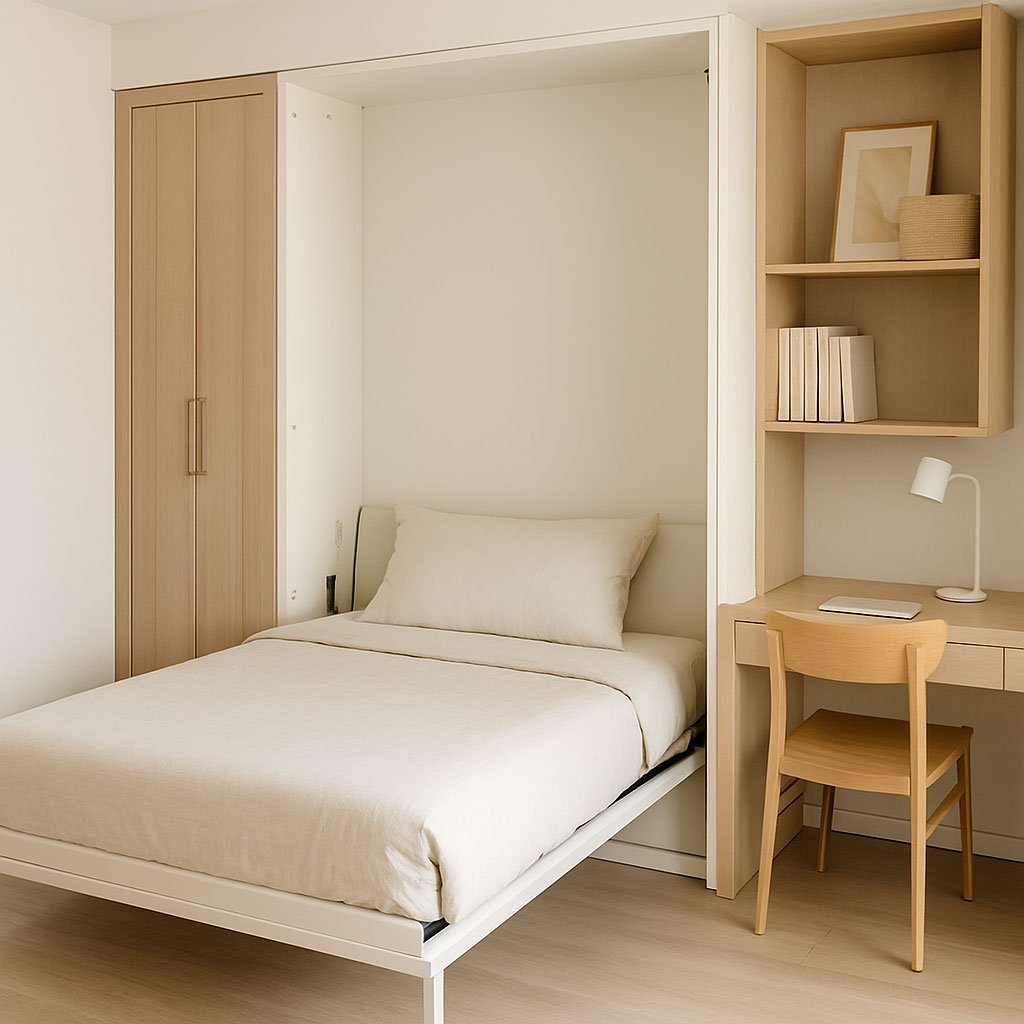 Montagem de quarto com cama retrátil e armário embutido