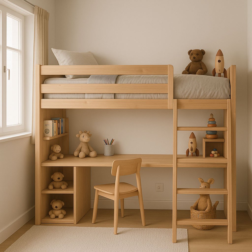 Montagem de quarto infantil com móveis inteligentes e organizados