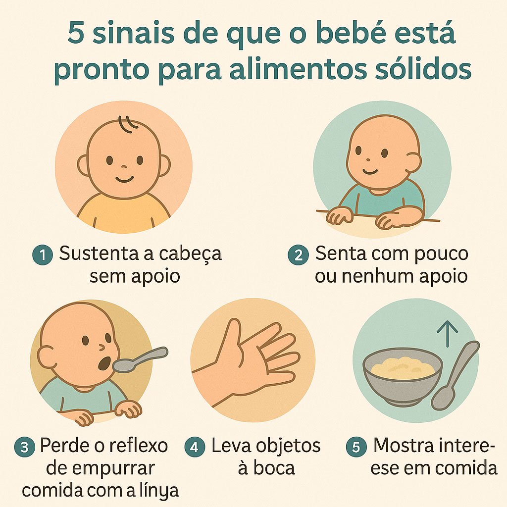 Infográfico com os 5 sinais de que o bebê está pronto para a introdução alimentar