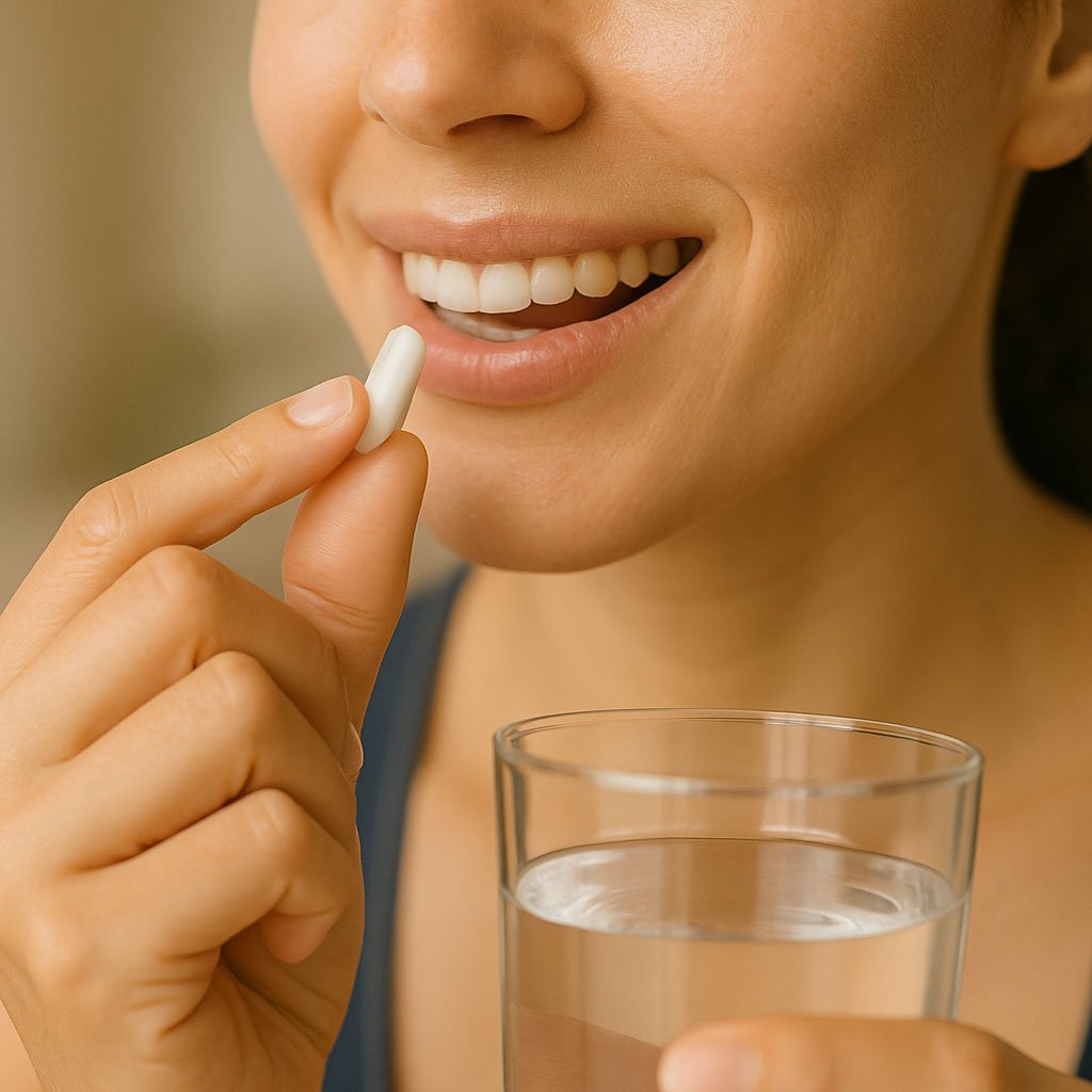 Mulher brasileira tomando suplemento de magnésio com copo d’água em ambiente aconchegante