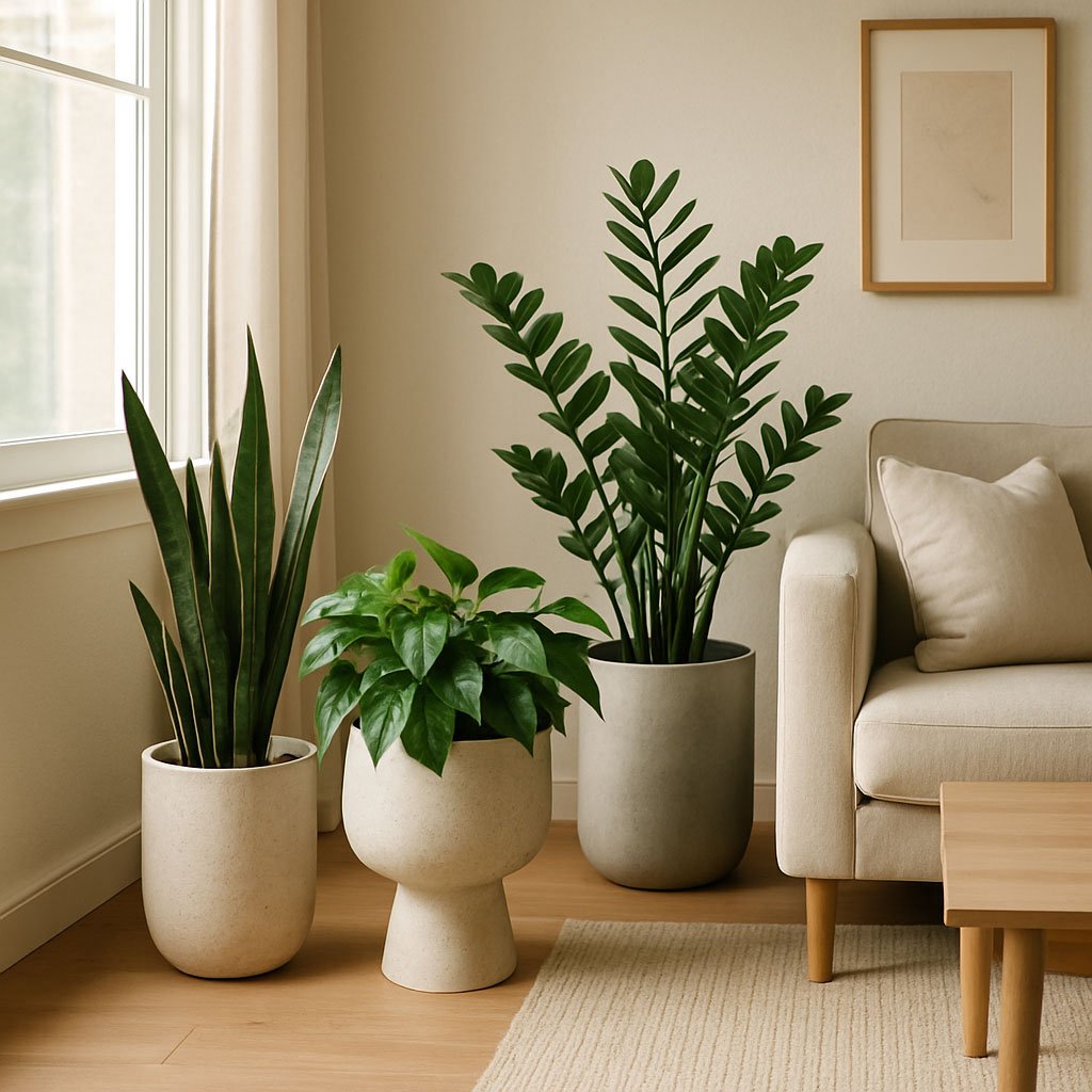 Sala com plantas fáceis de cuidar em vasos modernos e iluminação natural