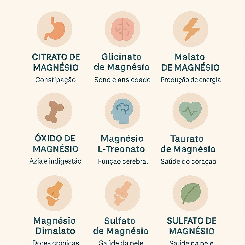 Infográfico com os principais tipos de magnésio e seus benefícios para a saúde